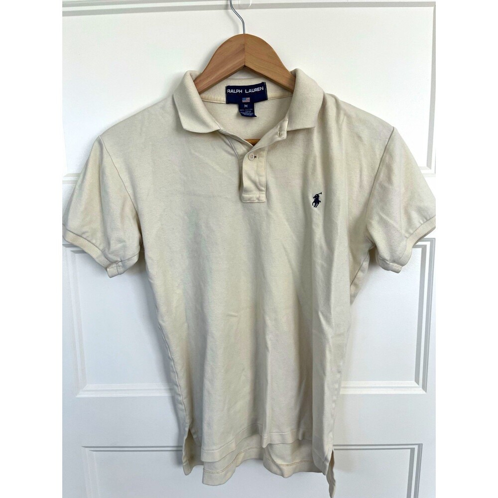 Vintage Polo Sport Ralph Lauren Shirt Men M Cream Beige Pique Cotton Pony Logo